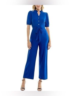 Sharagano Womens Blue Contemporary Monaco Ity Stretch Jumpsuit Self Tie Belt Sz6